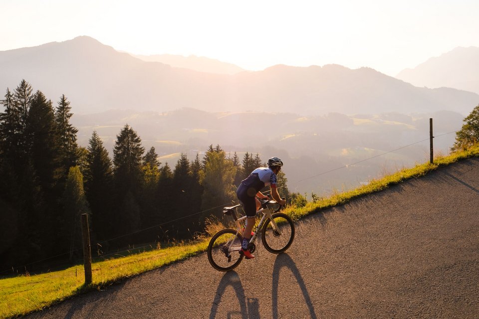 Mountainbiker vor Bergpanorama